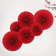 (QUAT-11) Set of 6 red paper fans to decorate events, homes, festivals,CNY festivals, photography st