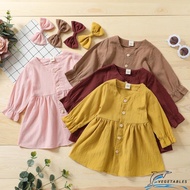 CB-2Pcs Kids Casual Outfit  Solid Color Long Sleeves Single-Breasted Dress + Bow Hair Clip for Girls