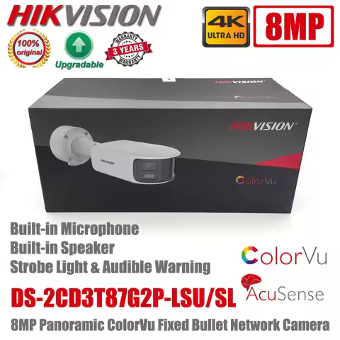 Original Hikvision DS-2CD3T87G2P-LSU/SL 4K 8MP POE ColorVu Panoramic AcuSense Strobe Light & Audio A