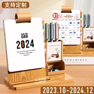 2024 Desk Calendar Creative Desktop Ornaments Wooden Desk Calendar with Pen Holder Office Work Monthly Calendar