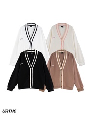 ＜1123＞URTHE - เสื้อคาร์ดิแกน แขนยาว OVERSIZE ปักโลโก้ รุ่น V-NECK CARDIGAN