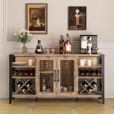 58" Wine Bar Cabinet with Wine Rack Storage,Home Bars for Liquor and Glasses, Farmhouse Coffee Bar C