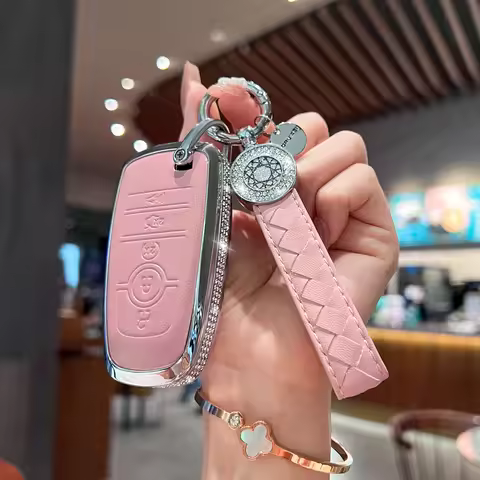 Compatible with Ford Key Fob Cover with Keychain, Pink Genuine Leather Crystal Key Case Protection S