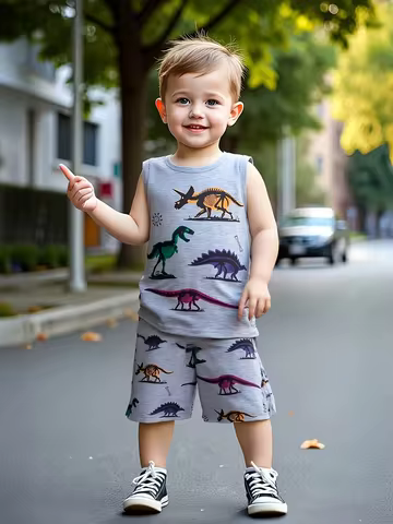 Toddler Boy Dinosaur Skeleton 2-Piece Outfit Set: Gray Sleeveless Tank Top + Matching Shorts (0-3) -