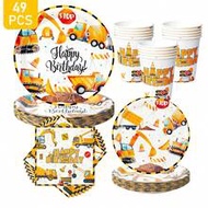 1 Set Excavator Happy Birthday Disposable Plates, Napkins, Cups, Serves 8 Guests, Suitable For Birth