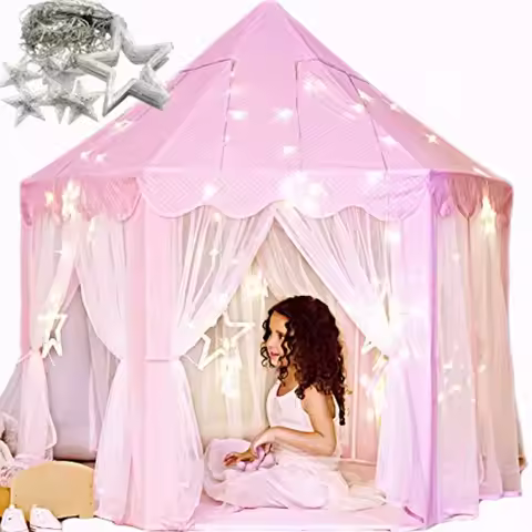 Princess Castle Play Tent with Star Lights for Girls Age 3-7 in Pink Promotes Imaginative Play with 