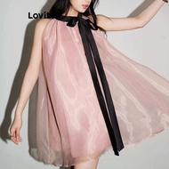 Lovito ชุดเดรสแบบสองชั้น ปกคอผูกด้านหน้าสำหรับผู้หญิง