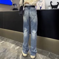 藍色直筒牛仔褲女夏季新款寬鬆顯瘦烟管褲大碼高腰百搭窄版闊腿褲-藍色 S