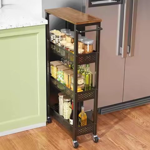 4-Tier Narrow Rolling Cart with Wooden Top, Mobile Storage for Kitchen Bathroom Laundry Room Small S
