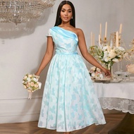 Váy cocktail chữ A dáng midi dệt lưới jacquard màu xanh nhạt thanh lịch một bên vai dành cho nữ AOME