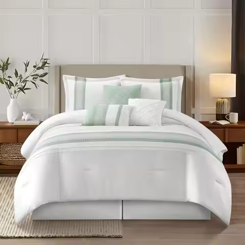 Queen Size Sage Green 7-Piece Comforter Set with Microfiber All-Season Bedding, Bed Skirt, Pillows, 