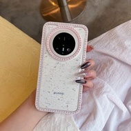 双面镶钻边框国产星星亮片适用华为mate60pro/mate70pro+手机壳新款素皮保护套防摔mate60/70女款-粉色單殼 華為 Mate 60