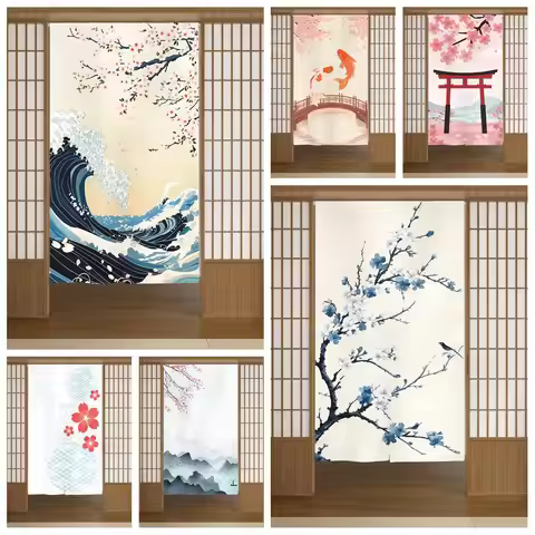 Japanese Noren Wave Door Curtains with Cherry Blossom Koi Fish Art Design for Living Room Tea House 