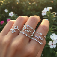 7 Piece Silver Crystal LOVE Letter Ring Set for Women and Girls