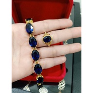 Set Rantai Tangan &amp; Cincin Batu Permata  Biru Emas Suasa