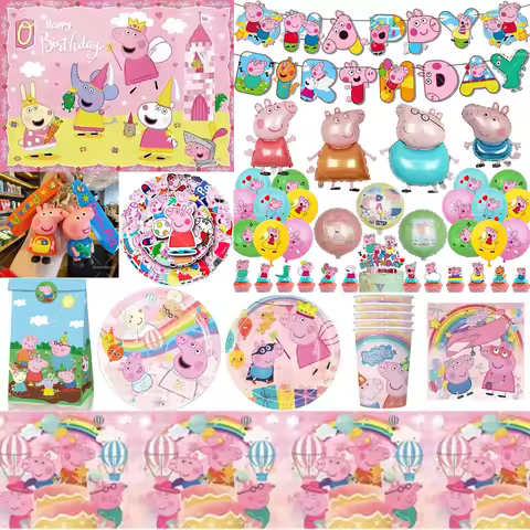 Peppa Pig Balloon Family Pink George Happy Birthday Banner Party Decoration Cake Topper Disposable T