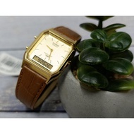 [Original] Casio AQ-230EGL-9A Gold Tone Analog Digital Brown Leather Vintage Inspired Watch