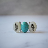 鳥獸人物戲畫腰帶扣 綠松石色萊石 三連 紬小紋 青蛙與貓