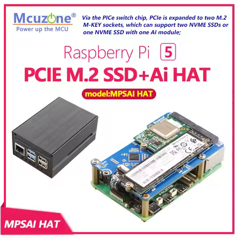MPSAI, Raspberry Pi 5 PCIE M.2 SSD+Ai HAT, support 2230/2242/2280 size NVME SSD, HAILO AI