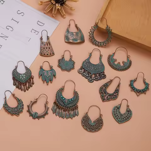 Bronze Ethnic Earrings Vintage Antique Geometric Pattern Carved Drop Earrings for Women Hollow India