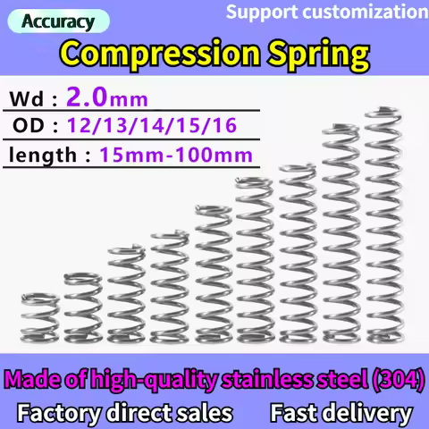 5Pcs Wire Diameter2.0mm 304 Stainless Steel Micro Small Compression Spring OD 12mm/13mm/14mm/15mm/16