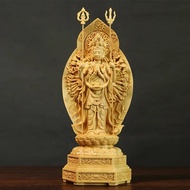 20cm Feng Shui Boxwood Thousand-Hand Guanyin Carving Sculpture Home Decor Wood Buddha Statues