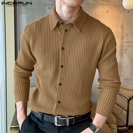 INCERUN Men's Shirt Solid Color Lapel Long Sleeve Knitted Autumn Casual Shirt Korean Fashion Polo Sh