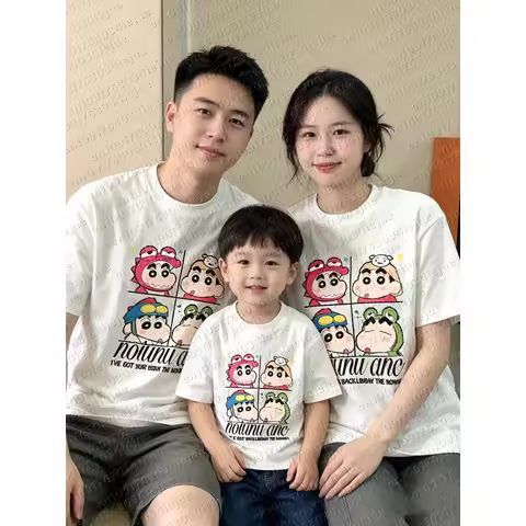 2026 Summer Crayon Shin Chan 4 Grid Cosplay Print 100% Cotton T-Shirt Unisex Aesthetic Oversized Cut