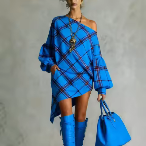 UOOZEE Women's Fashion Plaid One Shoulder Asymmetrical Mini Dresses Puff Sleeves Loose Casual Going 