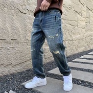 刺繡老爹牛仔時尚復古破洞補丁牛仔褲男潮牌直筒寬鬆大碼長褲褲子