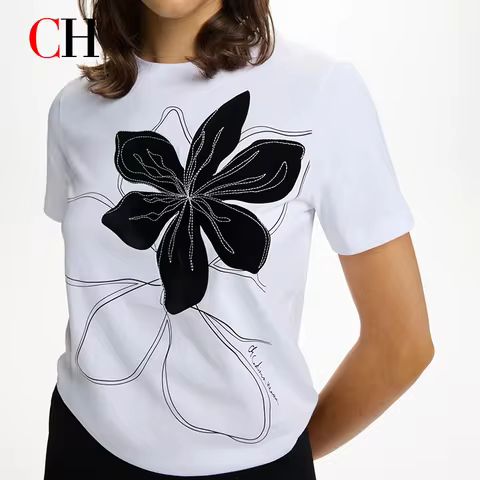 CH Women White T-Shirt Floral Print Short Sleeve Crew Neck Casual Cotton Tee Daily Wear Office Top
