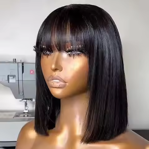 No Lace Full Machine Made Human Hair Wig Straight Bob Human Hair Wigs With Bangs Short Brazilian Hum
