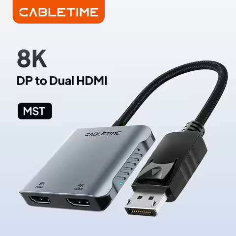 CABLETIME Displayport to Dual HDMI HUB 8K MST 4K 60Hz Dual Display UHD LED Light DP To Hdmi Hub for