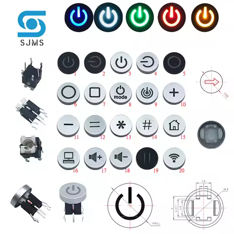 SJMS 5Pcs 6*6*9.5mm 6PIN DIP Through Hole Micro Push Button Tactile Momentary With LED Switch Tact P