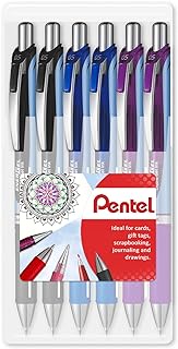 Pentel EnerGel BLN75 Retractable Gel Ink Rollerball Pen - 0.5mm Nib - Black, Blue &amp; Violet Ink - Pack of 6 in Clam Wallet Packaging