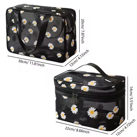 Daisy Large Capacity Mesh Makeup Bag Portable Handheld Travel Cosmetic Organizer