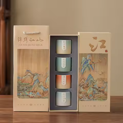 4-Piece Set Thousand Miles of Jiangshan Teacup Guochao Merchandise Ceramic Master Cup Tea Cup Set Gi