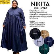 Dress Wanita Jumbo Nikita Midi Motif Polos Bahan Toyobo Fodu Busui Friendly LD130 140 150