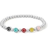 ZHOU LIU FU Silver Bead Stretch Bracelets Smiley Face Multi Color Round Beaded Bracelet 6.3inch