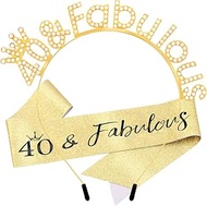 Atoden 40th Birthday Decorations for Women 40 and Fabulous Birthday Sash Headband Gold Tiara Queen C