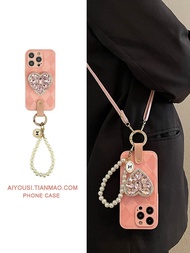 Linger Pink Phone Case สำหรับ iphone13 Pink Diamond Love Pearl Bracelet Case สำหรับ iphone14promax ผ