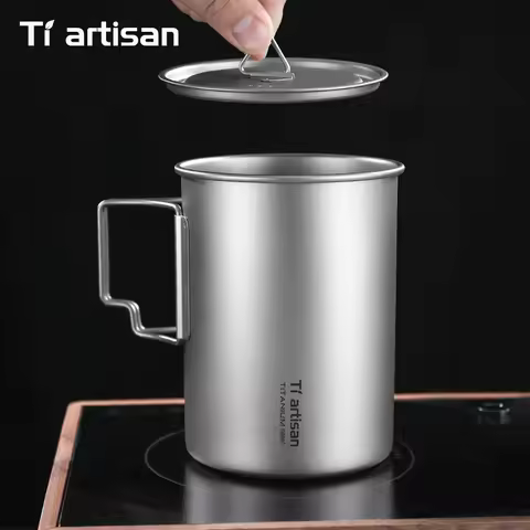 Tiartisan Titanium Foldable Handle Camping Mug 750ml/ 900ml Large Capacity Water Cup With Lid Outdoo