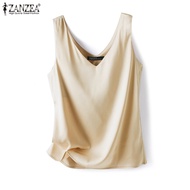 ZANZEA เสื้อกล้ามสายเดี่ยวคอวีแขนกุดสำหรับผู้หญิงเสื้อกล้ามเรียบผ้าไหมซาตินหรูหรา #10