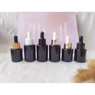 FLAT GLASS BOTTLE DROPPER BLACK WITH ALUMINIUM/PLASTIC/WOOD DROPPER CAP