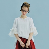 白色拼接燈籠袖上衣