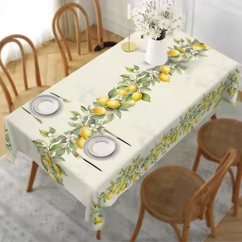1pc Lemon Tablecloth, Retro Spring and Summer Lemon Floral Buffalo Plaid Design, Perfect Spring and 