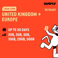 SIMPLY [eSIM] UK/Europe | 15/30 Days | 2GB/3GB/5GB/10GB/20GB/50GB (5G/4G) Data | Local UK eSIM