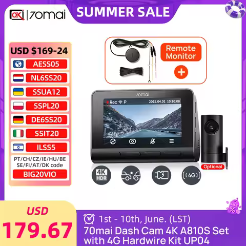 70mai Global Cam A810S-2 Set With 4G Hardwire Kit UP04 Ultra HD 4K AI Motion Detection Car DVR And R