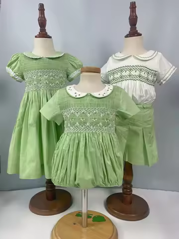 Summer Heavy Handmade Smocking Dress Bubble 2Pcs Set Green Cotton Embroidery Brothers Sisters Banque