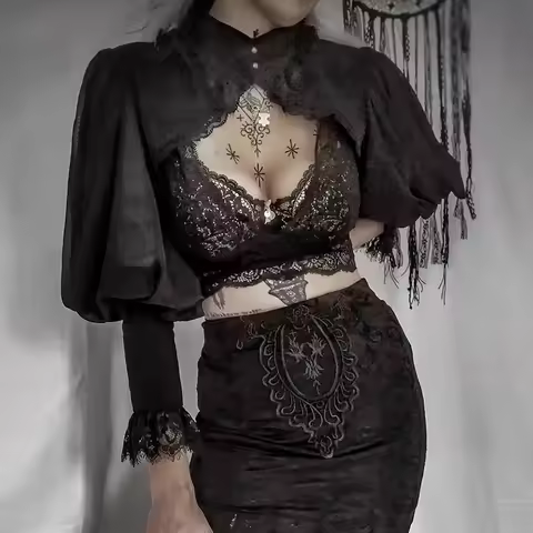 Gothic Black Lace Short Steampunk Crop Jacket Kawaii Vintage Gorgeous Palace Blouse Women Party Bole
